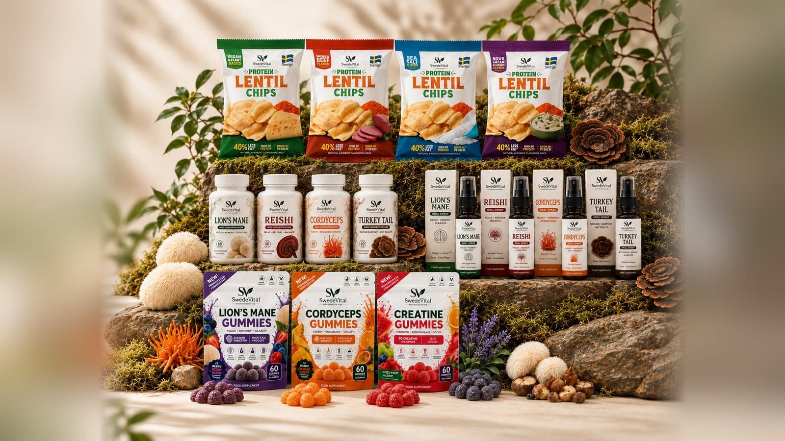 The SwedeVital range — protein lentil chips, mushroom supplements, sprays and gummies