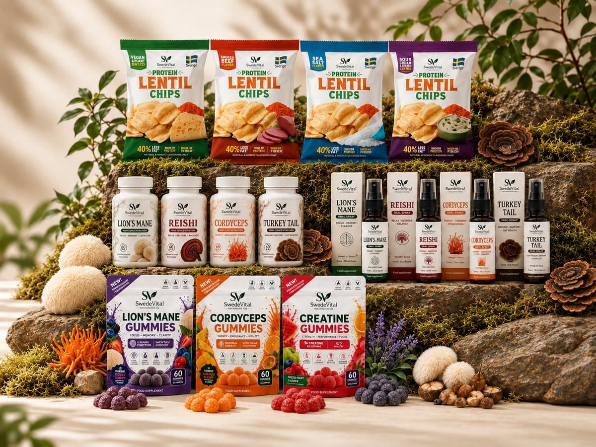The SwedeVital range — protein lentil chips, mushroom supplements, sprays and gummies
